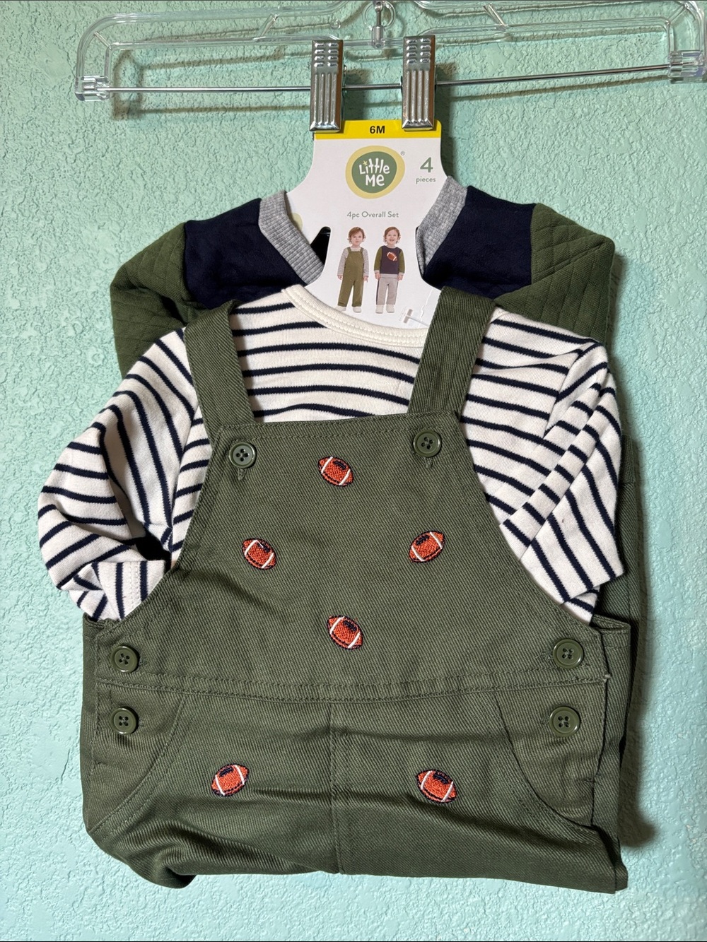 🆕 Little Me 4 piece overall set, green, football, 6 mos - NWT